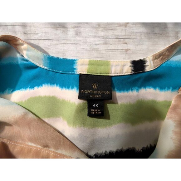 Worthington Womens Plus Size 4X Striped V-Neck Blouse Blue Green Beige Black - Picture 3 of 8
